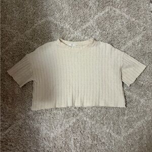 Cropped Ribbed Knit Short Sleeve Top in Cream